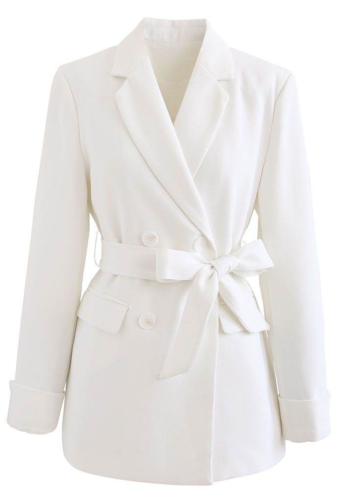 Self-Tied Bowknot Double-Breasted Blazer in White