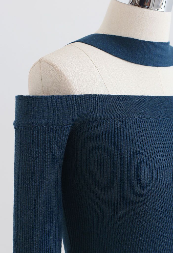 Halter Neck Off-Shoulder Crop Knit Top in Indigo
