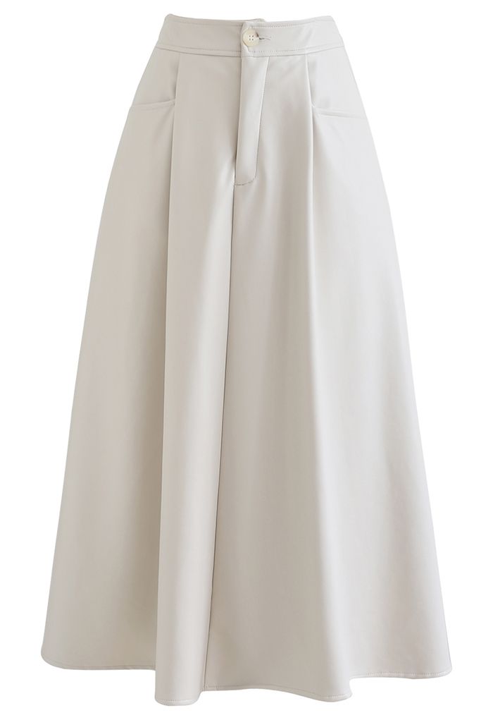 Dual Patched Pockets A-Line Faux Leather Skirt in Ivory