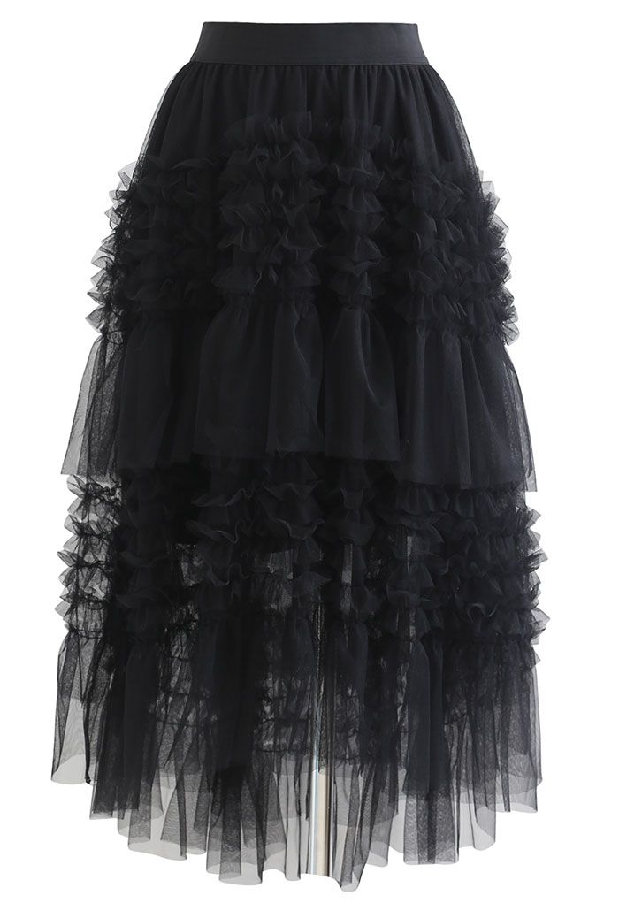 Ruffle Tiered Hi-Lo Mesh Tulle Skirt in Black