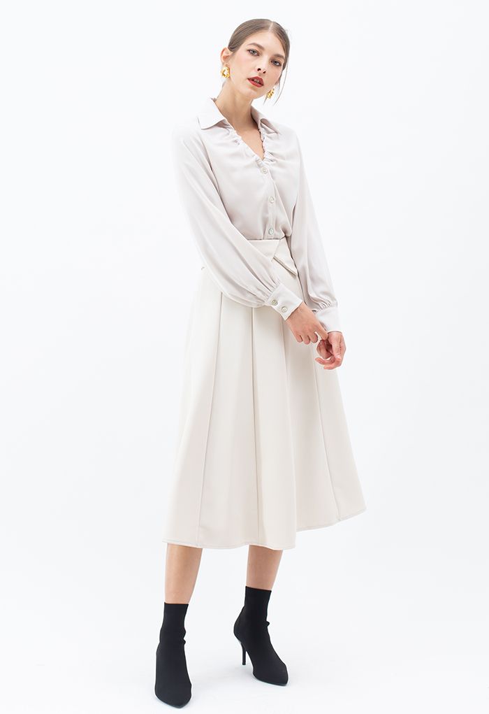 Crystal Flap Seam Detailing Midi Skirt in Ivory