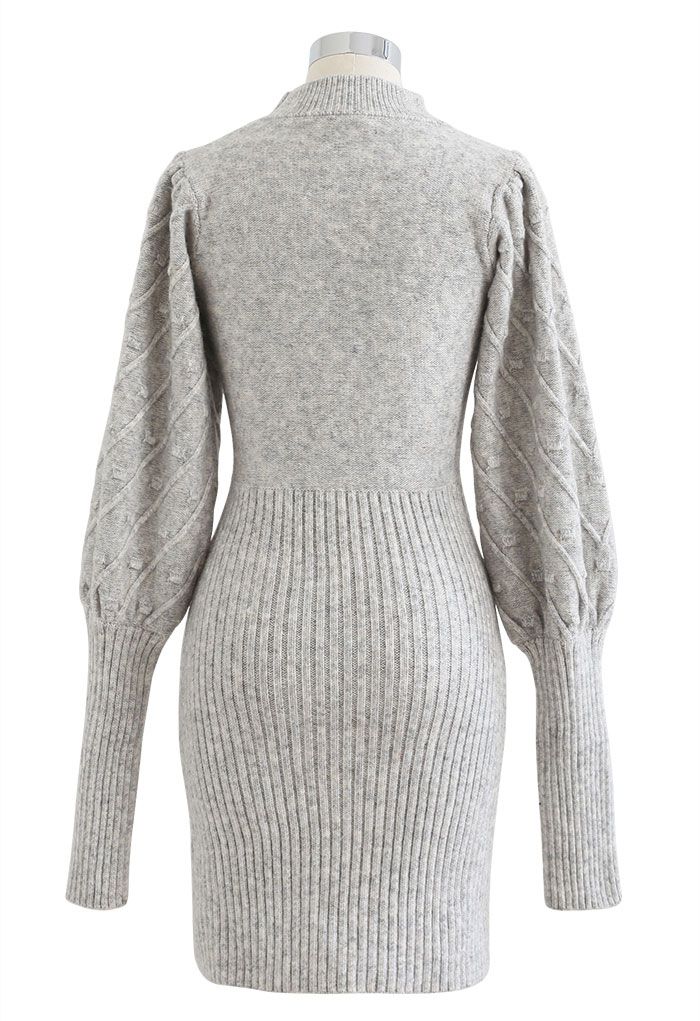 Embossed Mix-Knit Bubble Sleeve Shift Dress in Grey