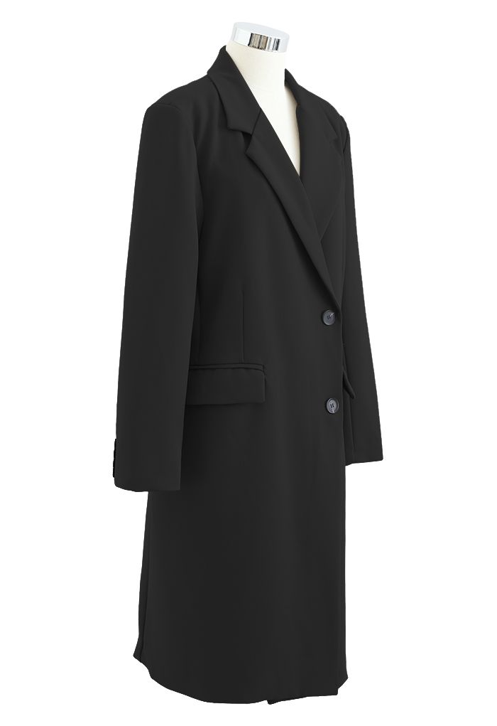 Single-Breasted Pocket Longline Coat in Black