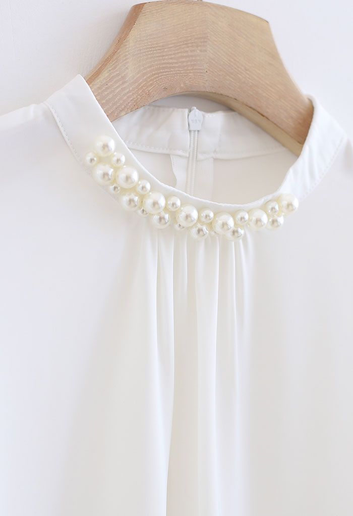 Pearl Embellished Mock Neck Satin Top in White