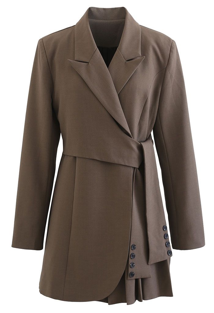 Tie Waist Pleated Pad Shoulder Blazer Dress in Brown