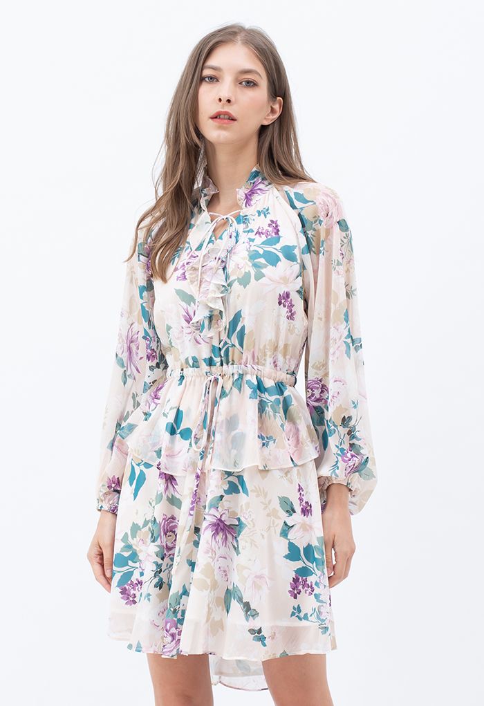 Modest Floral Puff Sleeve Ruffle Dress - Retro, Indie and Unique Fashion