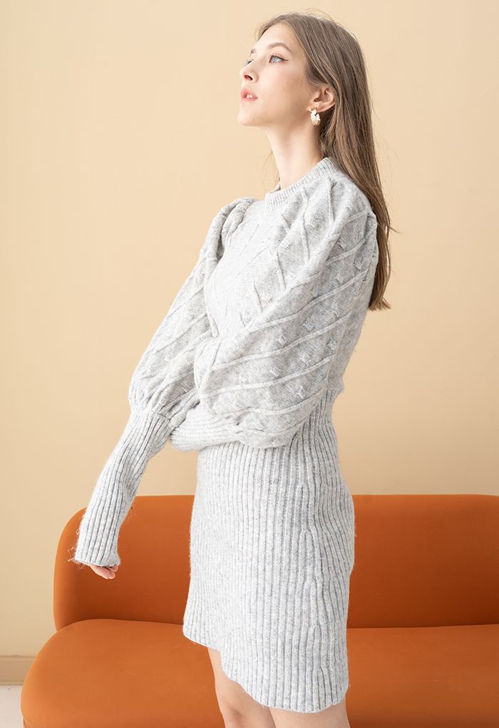 Embossed Mix-Knit Bubble Sleeve Shift Dress in Grey