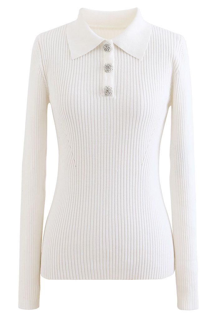 Brooch Button Collared Fitted Knit Top in White