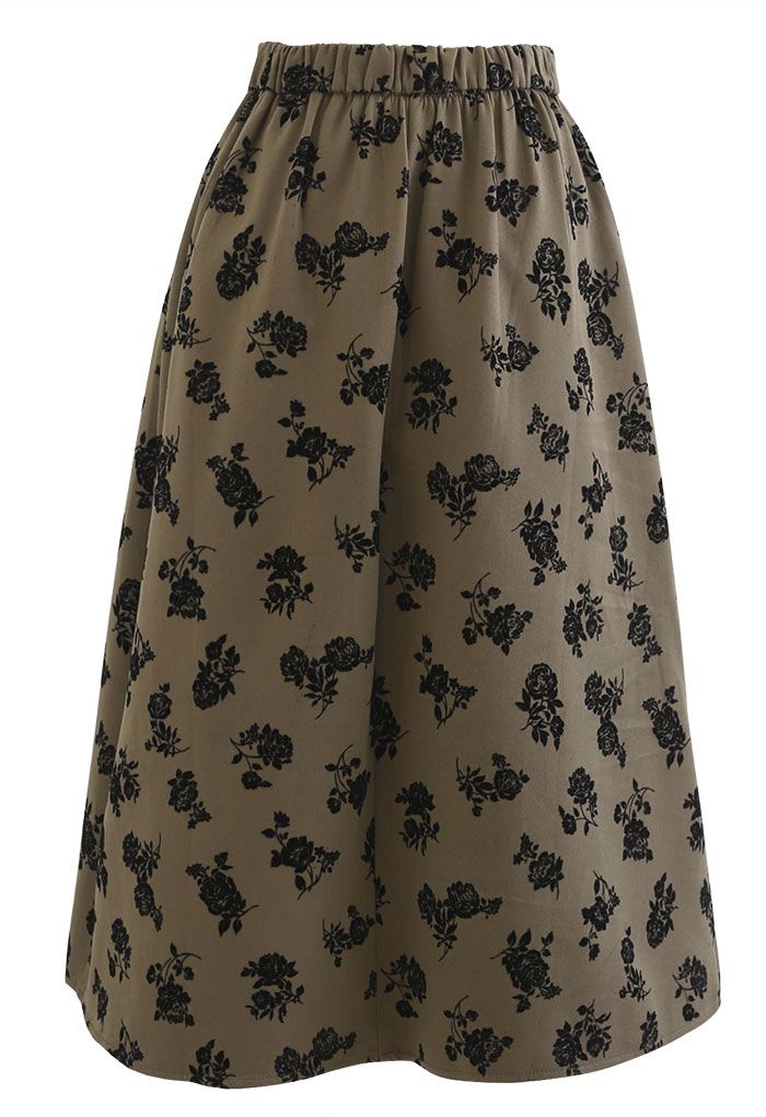 Posy Print Pleated Midi Skirt in Olive