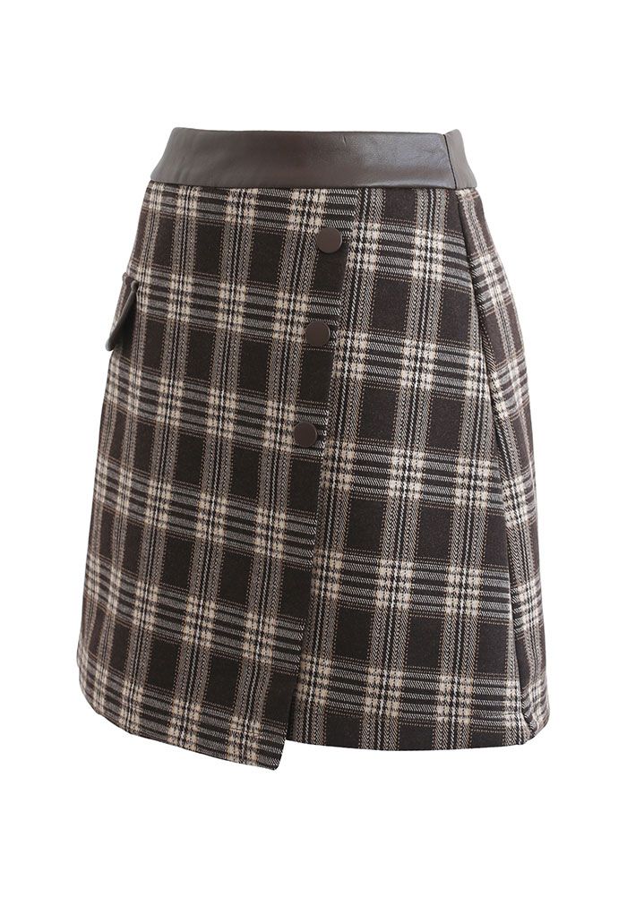 PU Leather Waist Plaid Wool-Blend Mini Skirt