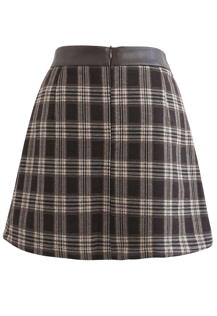 PU Leather Waist Plaid Wool-Blend Mini Skirt