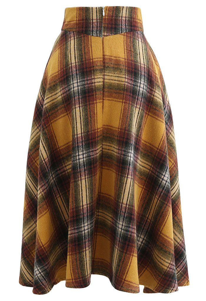Multicolor Check Print Wool-Blend A-Line Skirt in Mustard
