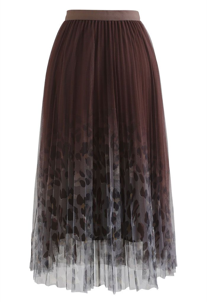 Spot Print Gradient Mesh Pleated Skirt in Brown