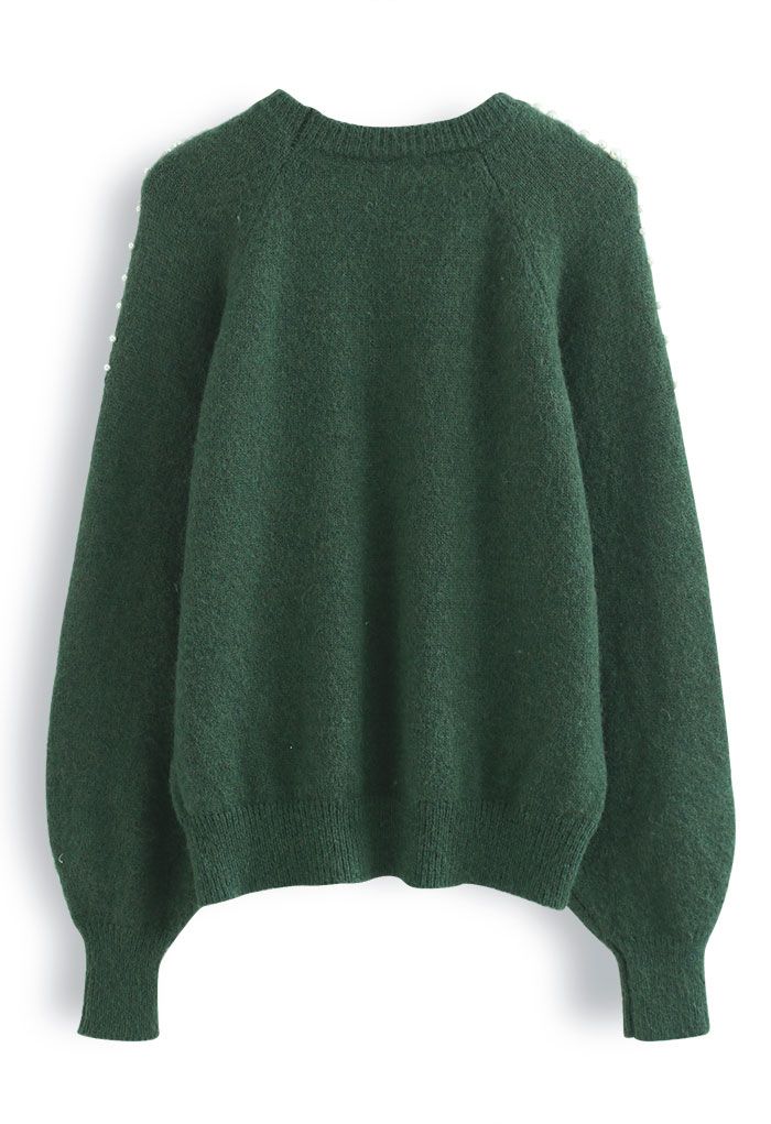 Pearly Shoulder Fuzzy Knit Sweater in Green