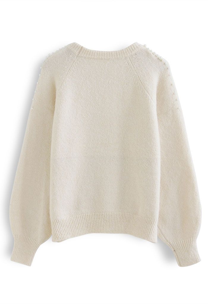 Pearly Shoulder Fuzzy Knit Sweater in Cream