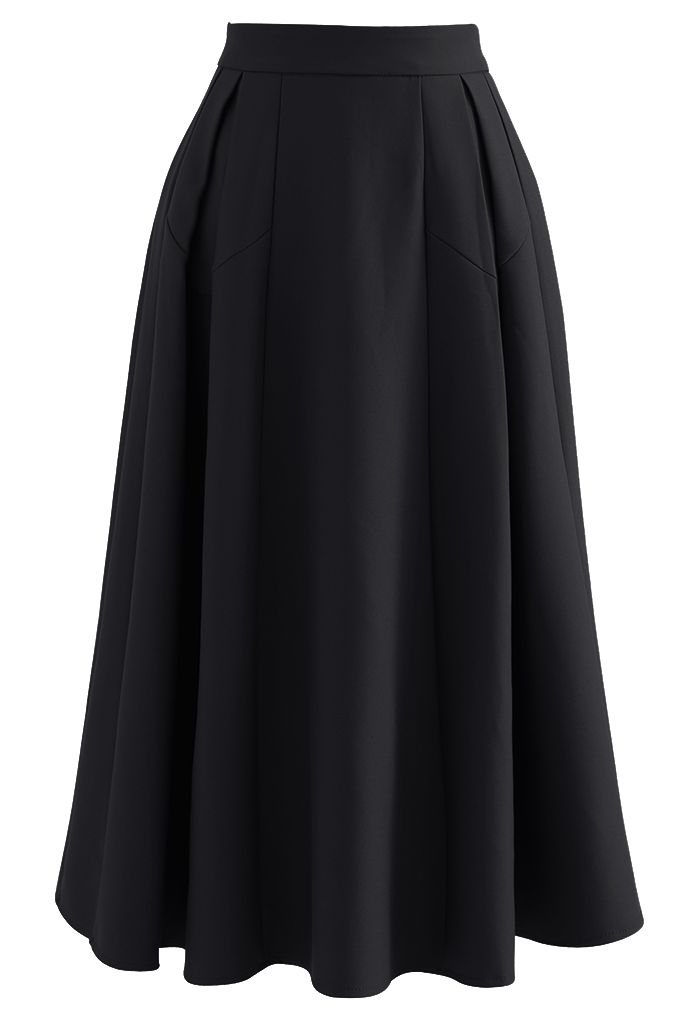 Functional A-Line Pleated Midi Skirt in Black