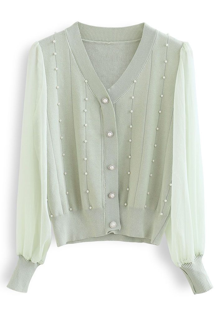 Sheer Sleeve Pearly Buttoned Knit Top in Mint