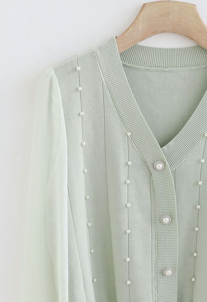 Sheer Sleeve Pearly Buttoned Knit Top in Mint