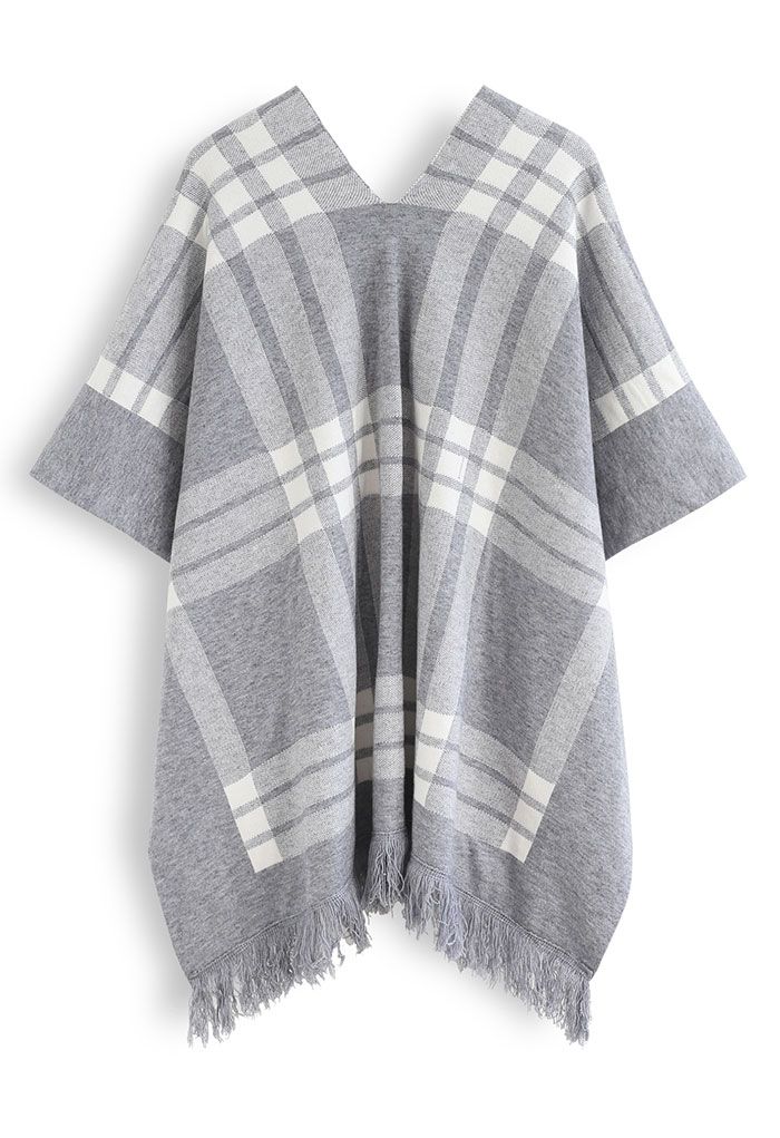 Belted Check Printed Tassel Poncho in Grey