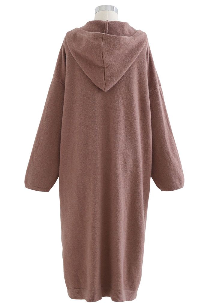 Open Front Longline Cardigan with Hood in Brown