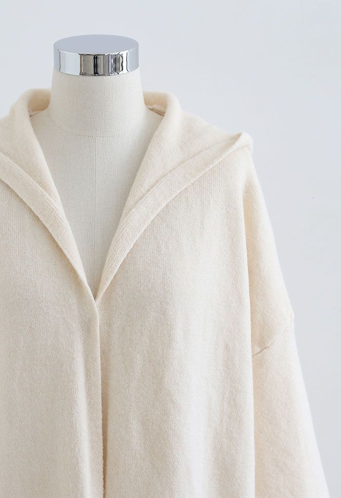Open Front Longline Cardigan with Hood in Cream