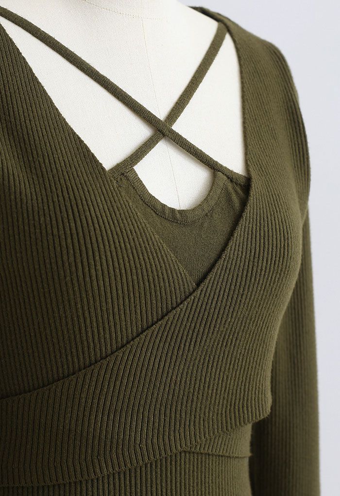 Crisscross Neck Wrap Rib Knit Bodycon Dress in Army Green