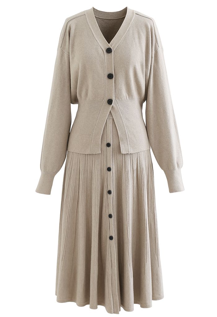 Comfy Versatile Knit Cardigan and Skirt Set in Taupe