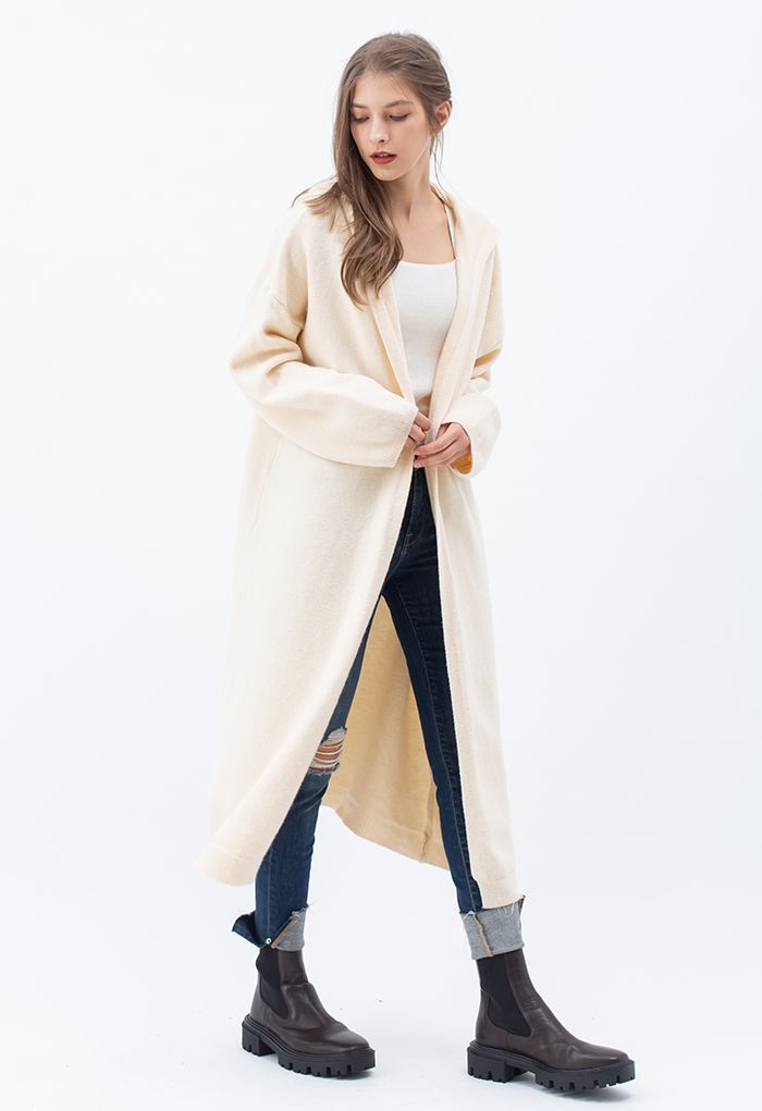 Open Front Longline Cardigan with Hood in Cream