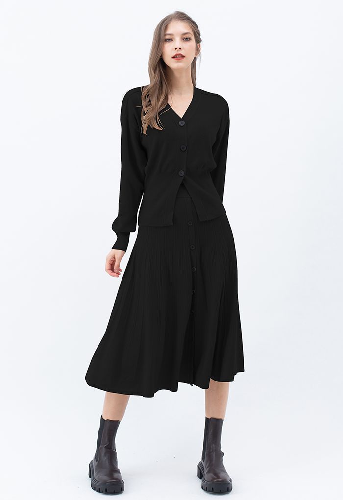 Comfy Versatile Knit Cardigan and Skirt Set in Black