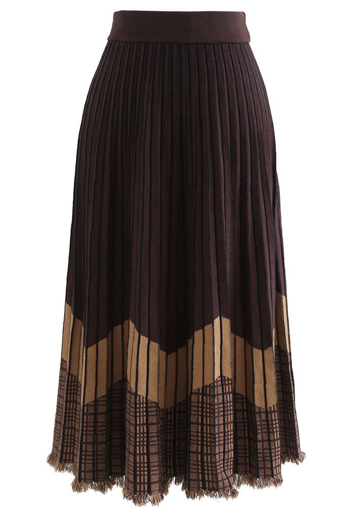 Tasseled Hem Contrast Blocked Pleated Knit Midi Skirt in Brown