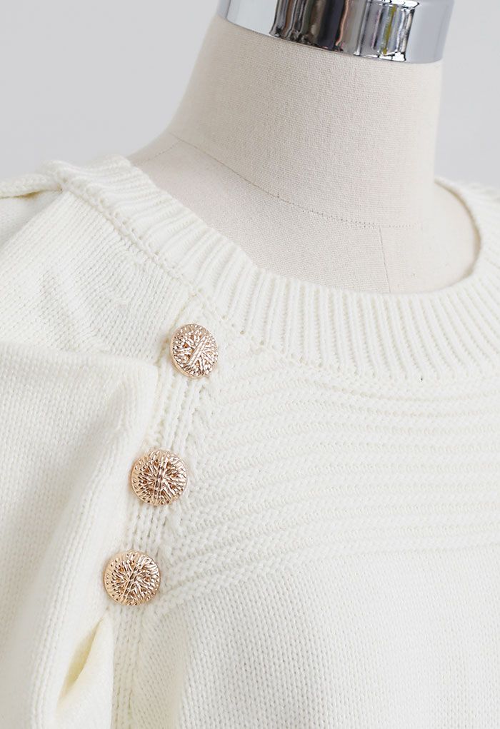 Button Embellished Bubble Sleeve Crop Knit Top in Ivory