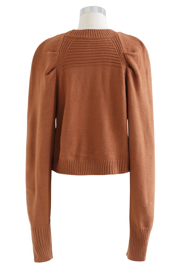 Button Embellished Bubble Sleeve Crop Knit Top in Caramel
