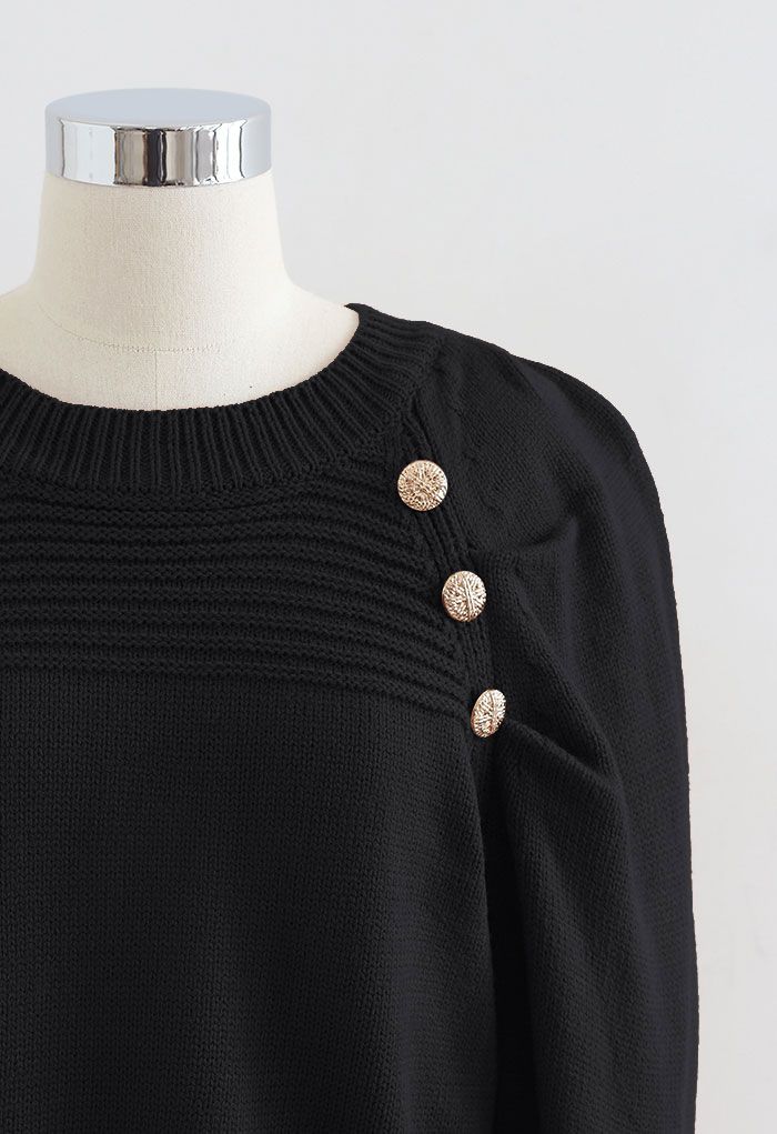 Button Embellished Bubble Sleeve Crop Knit Top in Black