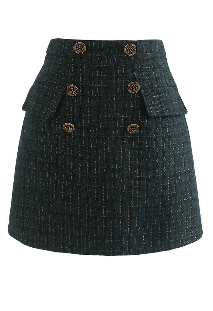 Gingham Pattern Shimmer Tweed Mini Skirt in Green - Retro, Indie and ...