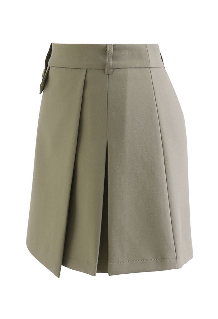 Flap Front Buttoned Waist Mini Skirt in Khaki