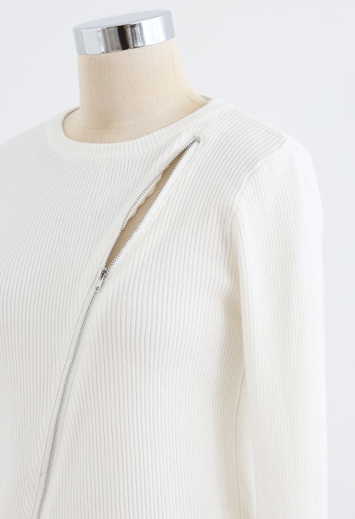Zipper Up Ribbed Knit Top in White