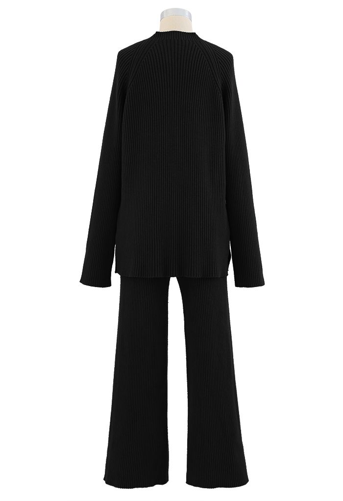 Rib Knit Split Hem Sweater and Pants Set in Black