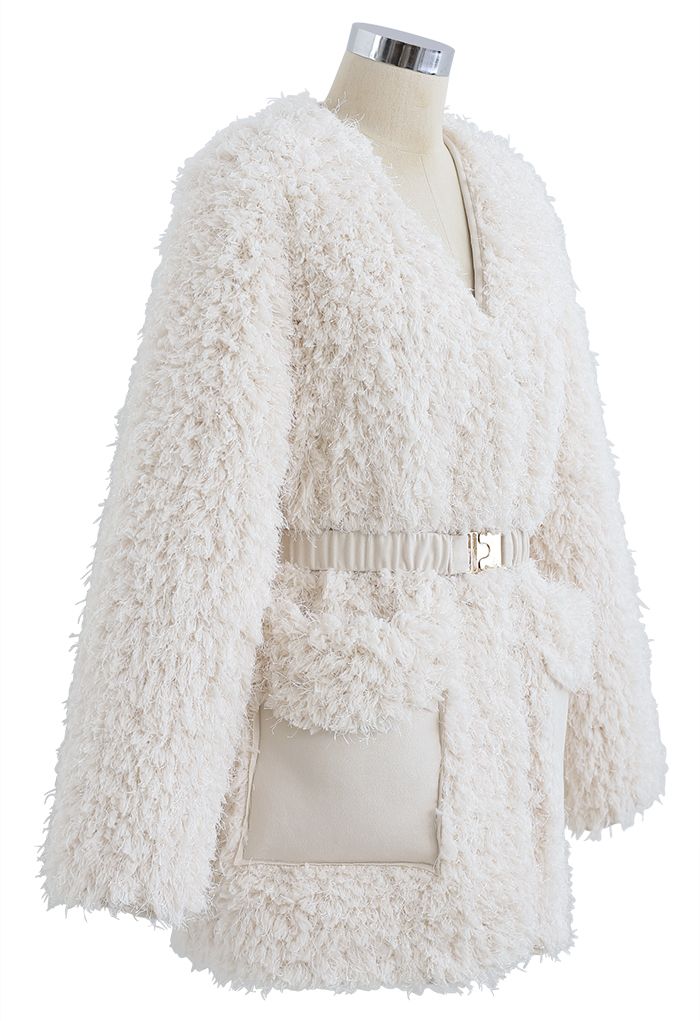 Collarless Fluffy Teddy Suede Coat in Ivory