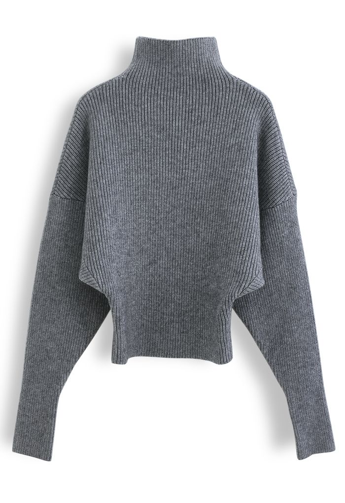 Batwing Sleeves Turtleneck Rib Knit Sweater in Grey
