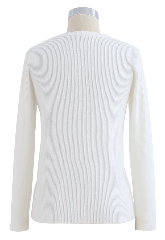 Zipper Up Ribbed Knit Top in White