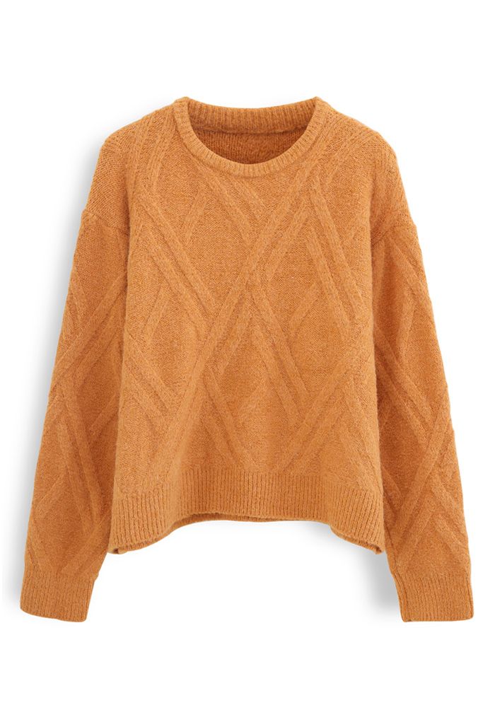 Crisscross Pattern Fuzzy Knit Sweater in Orange