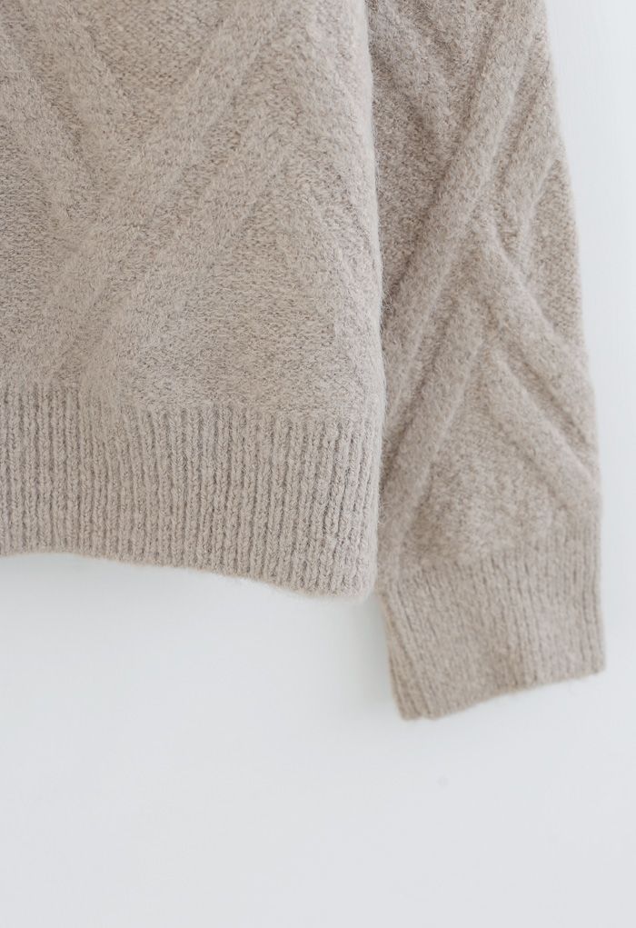 Crisscross Pattern Fuzzy Knit Sweater in Sand