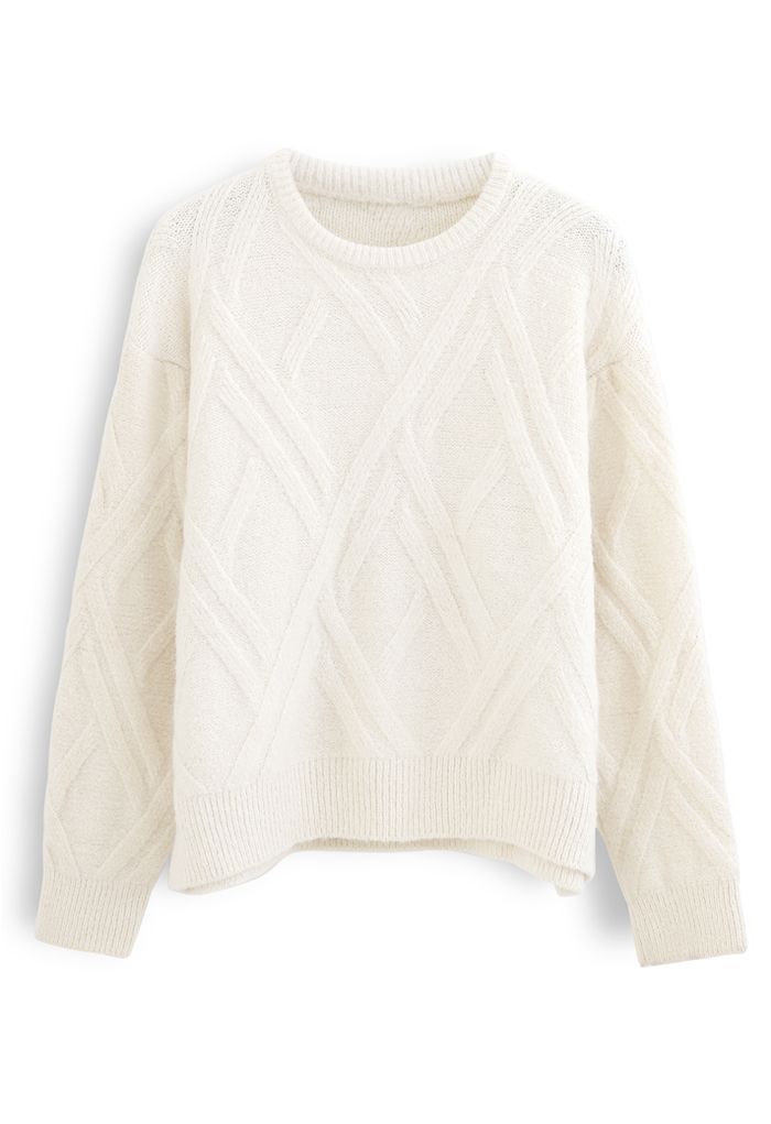 Crisscross Pattern Fuzzy Knit Sweater in Cream