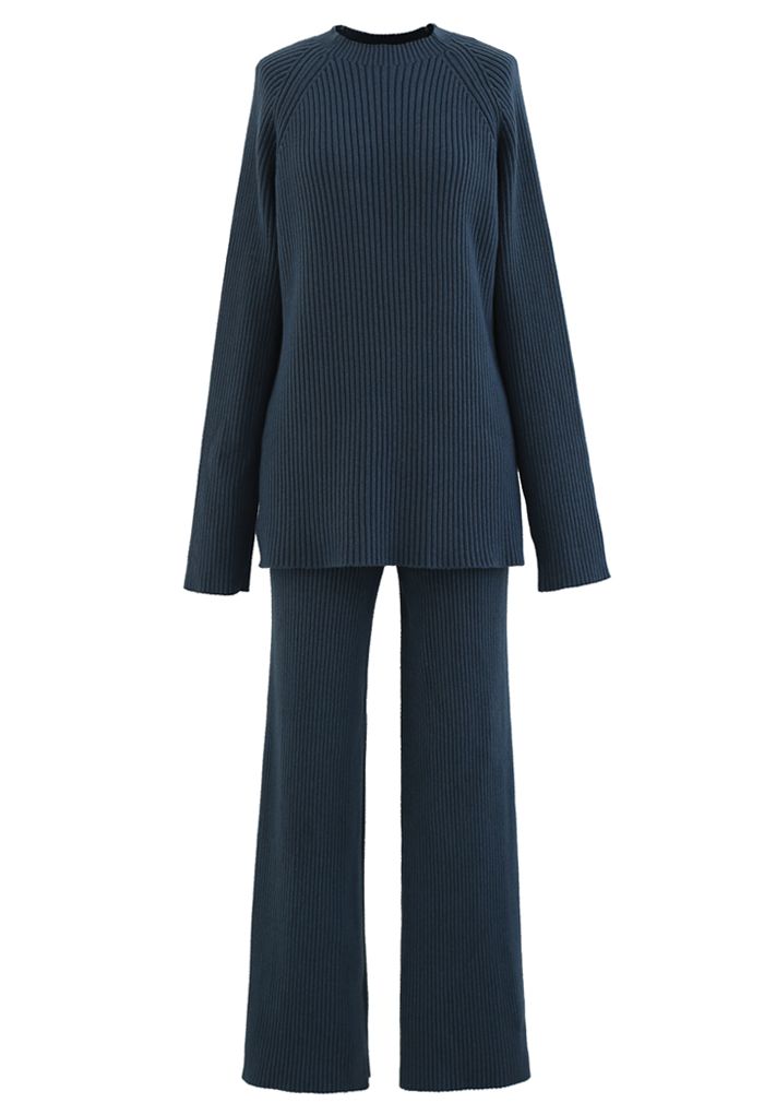 Rib Knit Split Hem Sweater and Pants Set in Teal