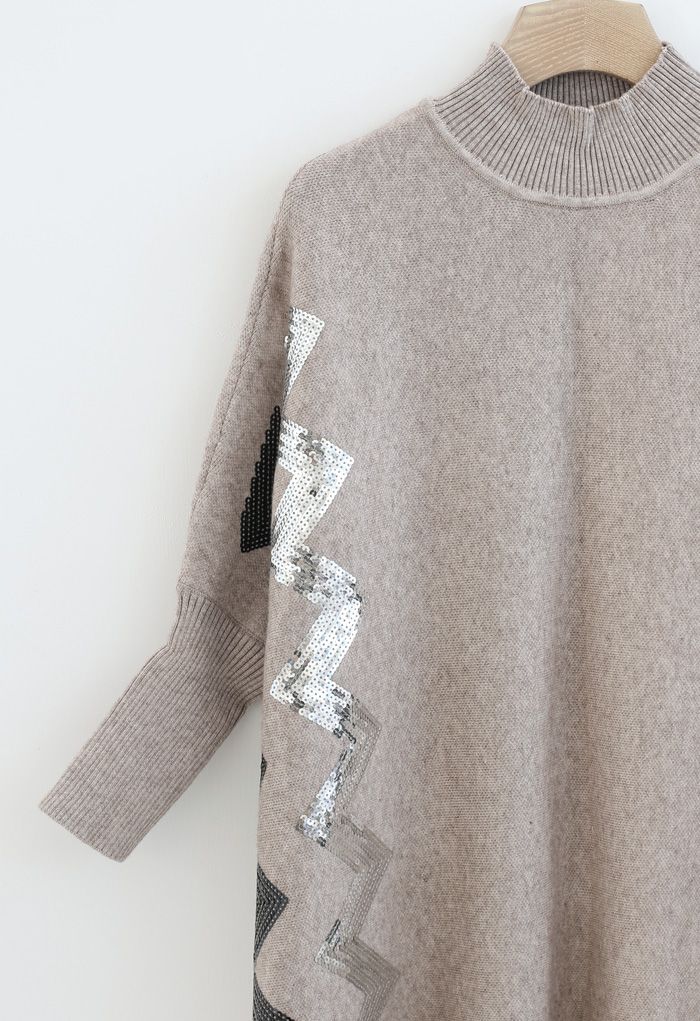Zigzag Sequins Knit Cape Sweater in Light Tan