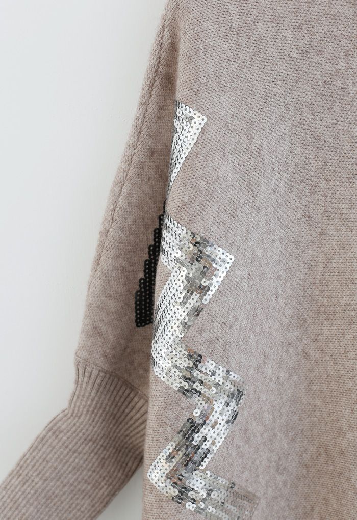 Zigzag Sequins Knit Cape Sweater in Light Tan