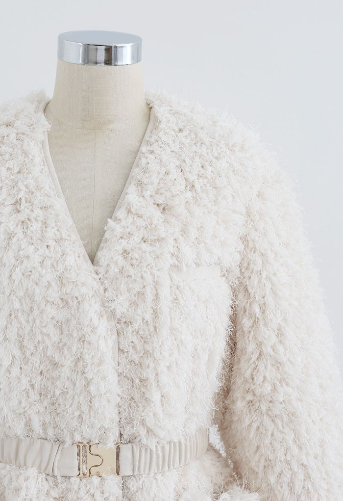 Collarless Fluffy Teddy Suede Coat in Ivory