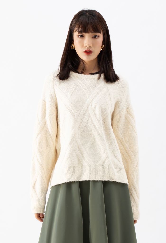Crisscross Pattern Fuzzy Knit Sweater in Cream