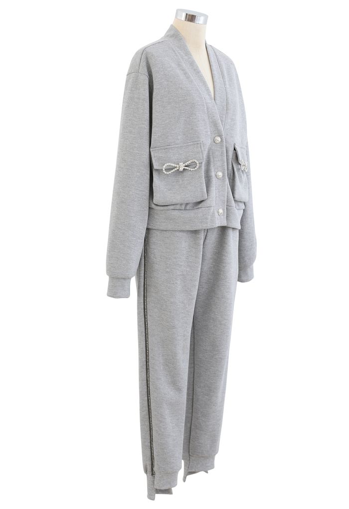 Pockets Button Up Cardigan and Crop Joggers Set in Grey