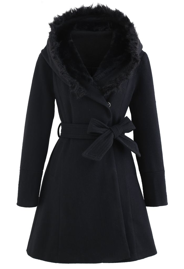 Faux Fur Hooded Wool-Blend Flare Coat in Black